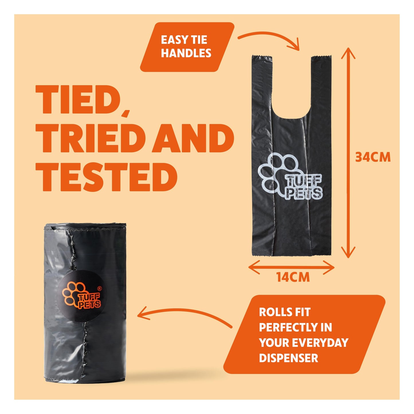 Tuff Pets - Dog Poop Bags Rolls With Tie Handles - 16 Rolls of Biodegradable Poo Bags - Fits in any Dogs Poo Bag Dispenser or Holder - 50% Stronger Than Average Doggy Waste Bags