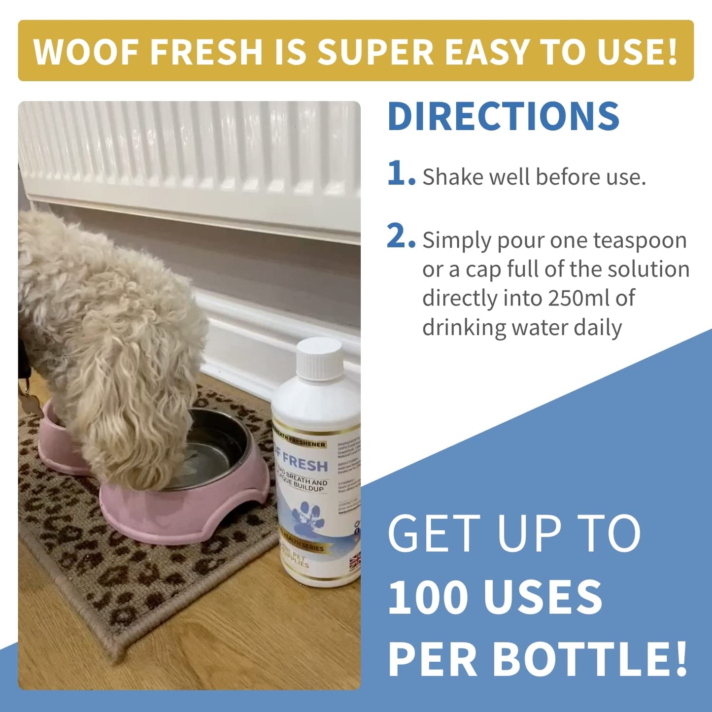 Dog Breath Freshener in Water Made in UK - Dog Teeth Cleaning Products, Plaque Remover for Teeth Dogs, Oral Care for Pets Bad Breath Control, Dental Water for Dogs, Daily Mouth Wash No Brushing Needed