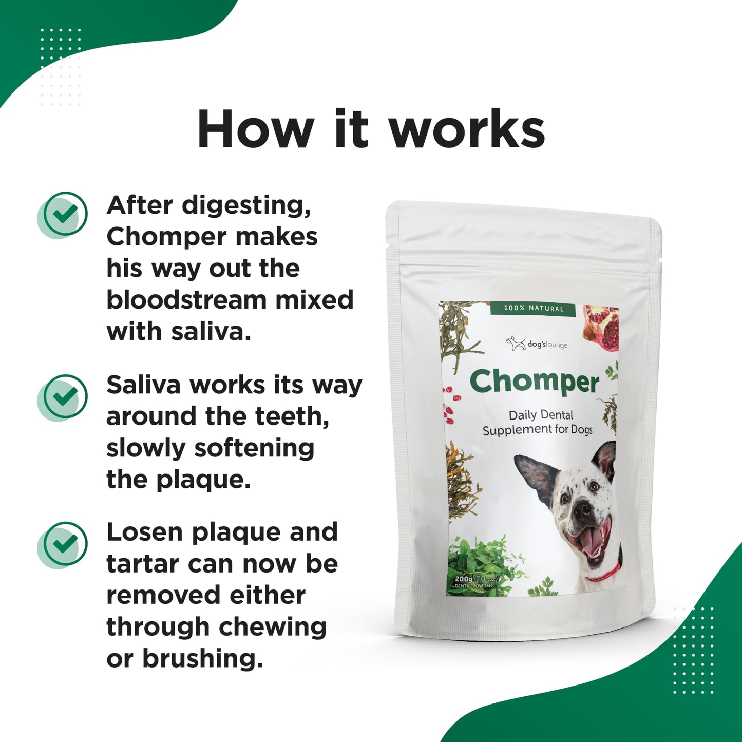 Dog's Lounge Chomper – Natural Dental Supplement for Dogs with Seaweed, Pomegranate, Herbs & Zinc | Fights Plaque & Bad Breath | 100% Natural Powder – 200g