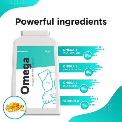 Dog's Lounge - OMEGA - Natural Omega 3, 6 & 9 Fish Oil Supplement for Dogs. 120 Soft Gel Capsules