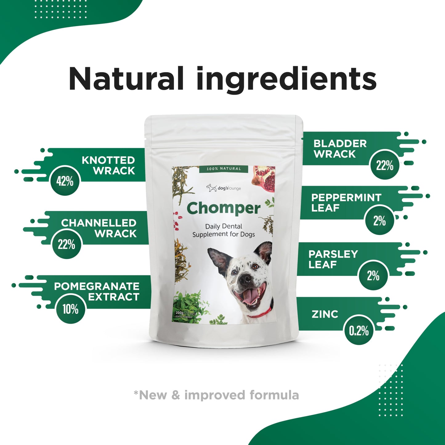 Dog's Lounge Chomper – Natural Dental Supplement for Dogs with Seaweed, Pomegranate, Herbs & Zinc | Fights Plaque & Bad Breath | 100% Natural Powder – 200g