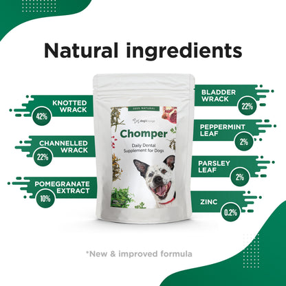 Dog's Lounge Chomper – Natural Dental Supplement for Dogs with Seaweed, Pomegranate, Herbs & Zinc | Fights Plaque & Bad Breath | 100% Natural Powder – 200g